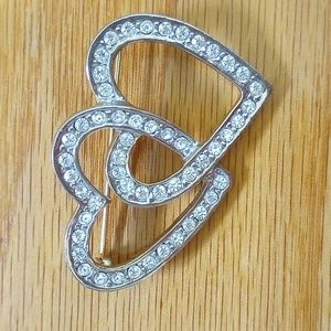 Double interlocked hearts white rhinestone pave brooch